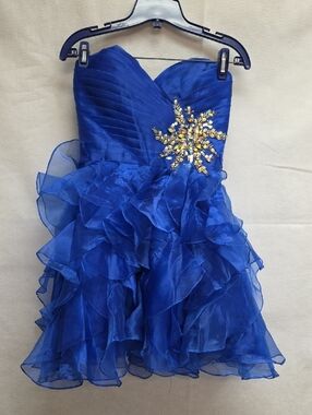 Cinderella Royal Blue Ruffled Strapless Dress with Jeweled Starburst Bodice Sz 6
